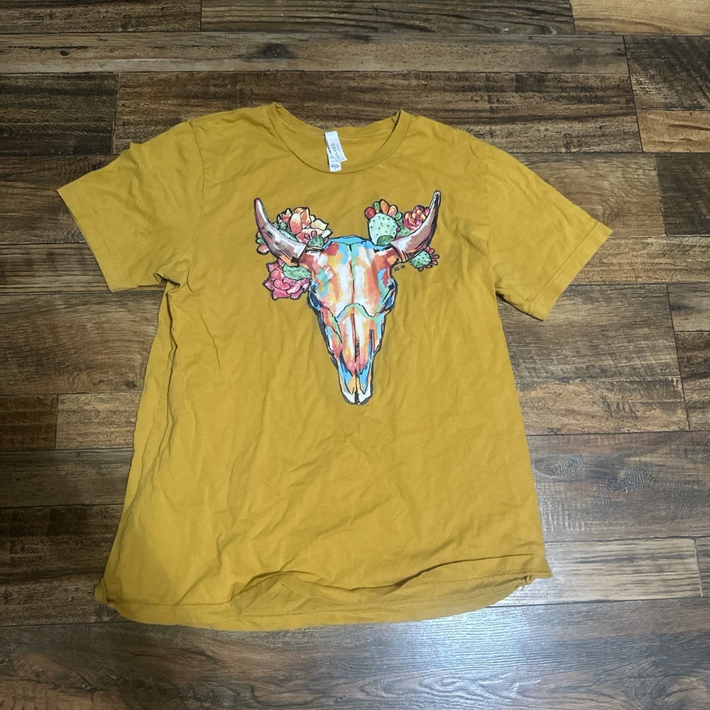 Yellow Graphic Tee with Bull Skull and Flowers